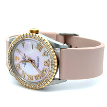 Load image into Gallery viewer, 36mm Rolex Datejust Diamond Watch with Pink Rubber Band (diamond bezel, mother of pearl (MOP) diamond dial)