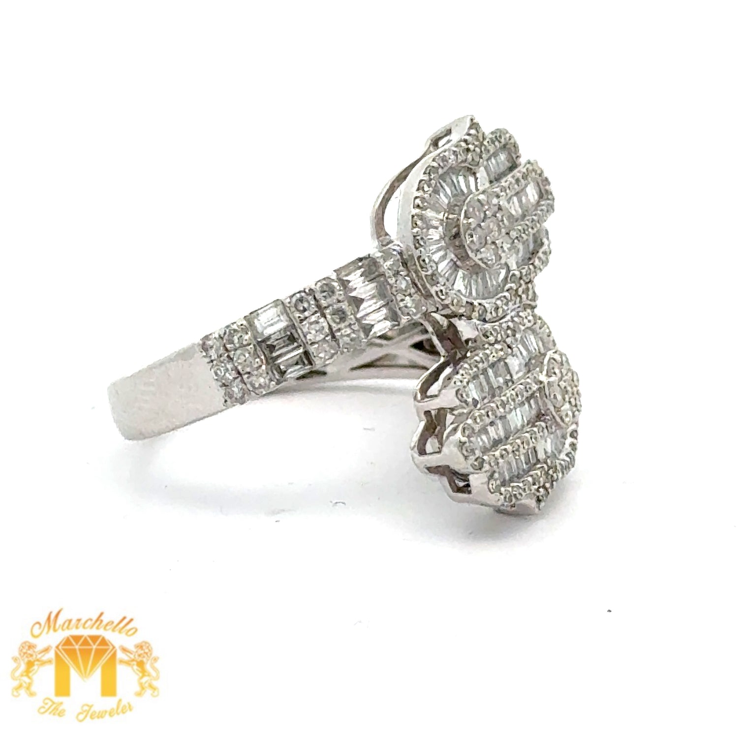 White Gold and Diamond Twin Hamsa Ring with Baguette and Round Diamonds