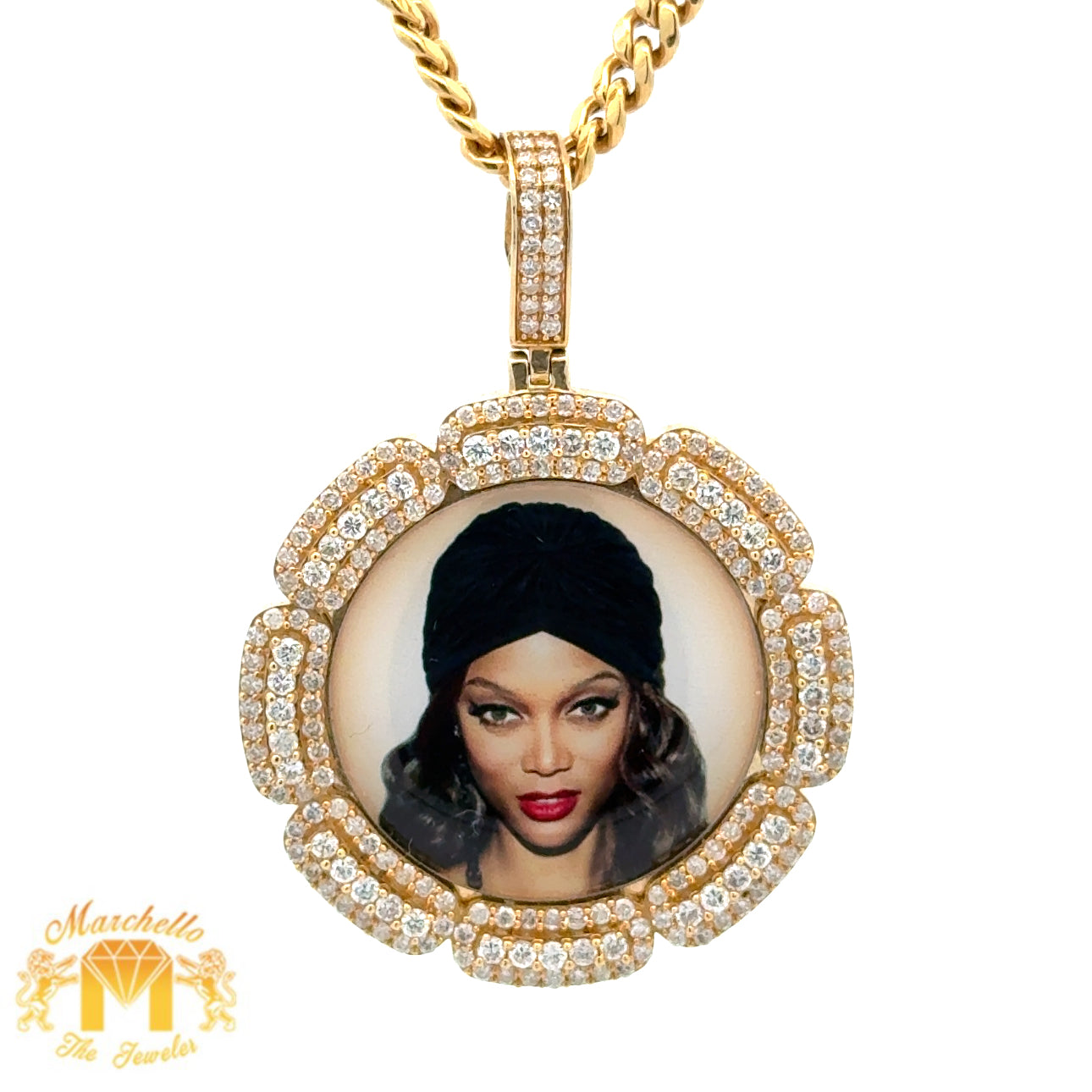 14k Yellow Gold and Diamond Picture Pendant  and Cuban Link Chain Set