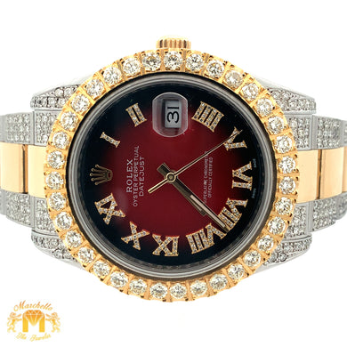 41mm Rolex Watch with Two-Tone Oyster Diamond Bracelet (custom diamond bezel, Burgundy dial with Roman diamonds)