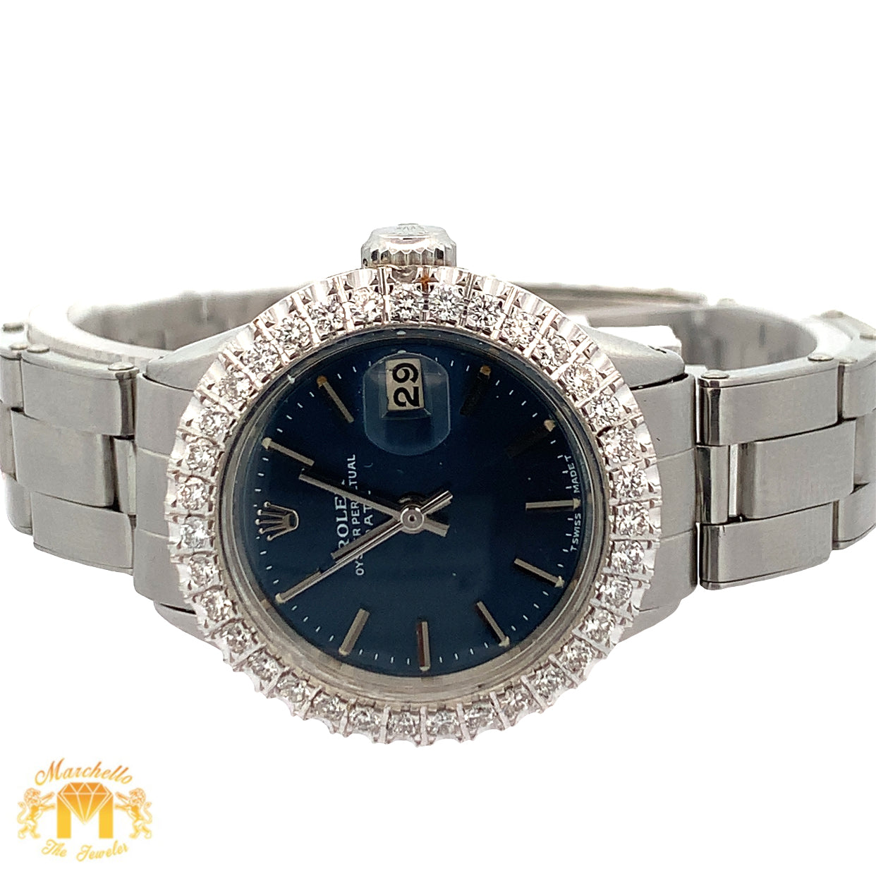 4 piece deal: Ladies`26mm Rolex Diamond Watch with Stainless Steel Oyster Band + White Gold & Diamond Twin Heart Bangle + White Gold & Diamond Flower Earrings + Gift