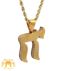 14k Yellow Gold and Diamond Chai Pendant and 14k Yellow Gold Rope Chain