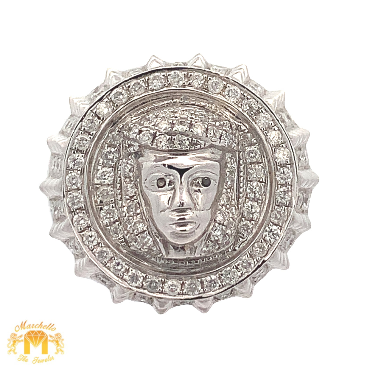 14k White Gold and Diamond Jesus Head Ring with Round Diamonds