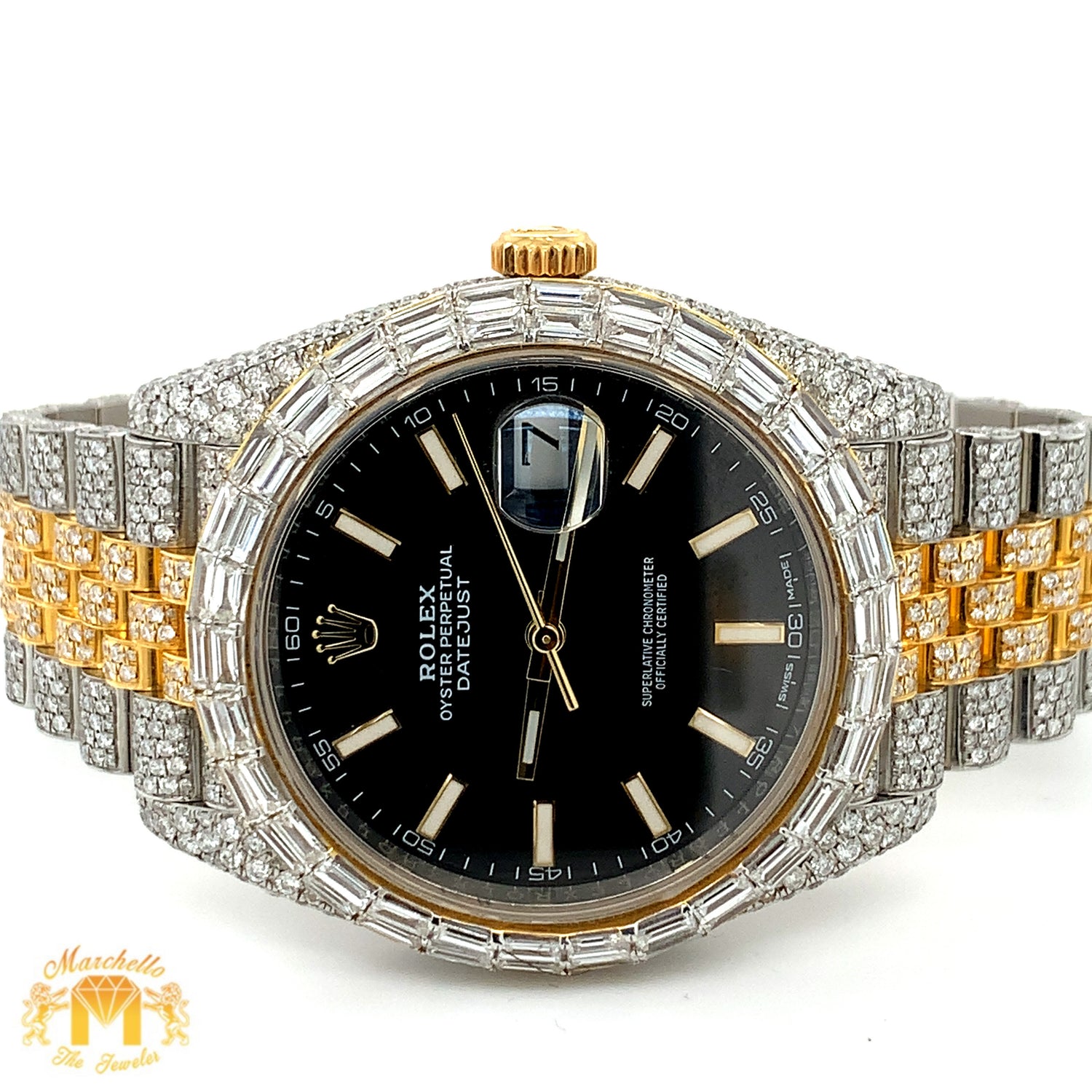 Iced out 41mm Rolex Datejust Watch with Two-tone Jubilee Bracelet