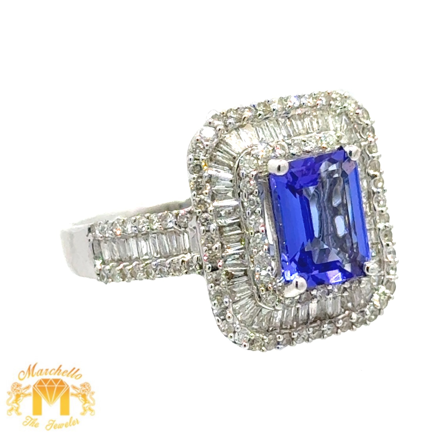18k White Gold Ring with Baguette & Round Diamonds and Tanzanite Stone