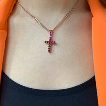 Load image into Gallery viewer, 14k Rose Gold and Diamond Cross Ruby Pendant and 14k Rose Gold Cuban Link Chain Set