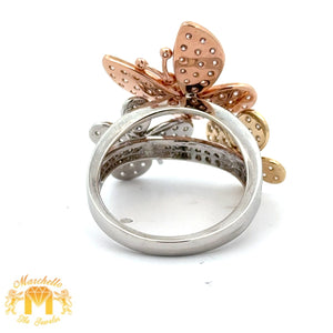 14k Tri-Color Gold and Diamond Butterfly Ring with Round Diamonds