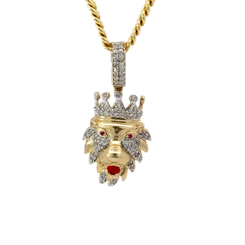 Yellow Gold and Diamond King Lion Pendant and Yellow Gold Chain