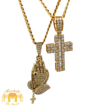 Load image into Gallery viewer, 8 piece deal: 14k Yellow Gold and Diamond Praying Hand Pendant + Cross Pendant + 14k Cuban 2 Chains + Gold and Diamond Earrings + 2 gifts from MTJ