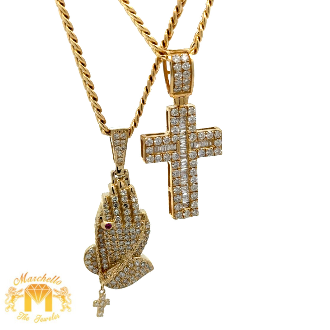 8 piece deal: 14k Yellow Gold and Diamond Praying Hand Pendant + Cross Pendant + 14k Cuban 2 Chains + Gold and Diamond Earrings + 2 gifts from MTJ