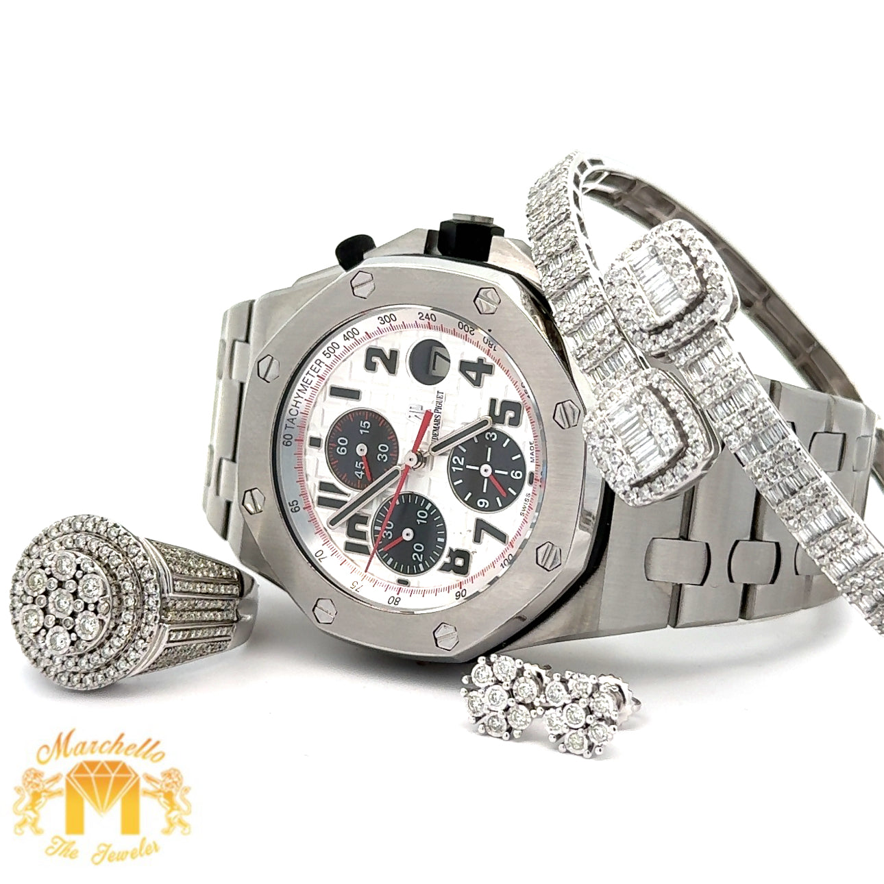 5 piece deal: Full Factory 42mm AUDEMARS PIGUET (AP) "Panda" Watch + White Gold and Diamond Twin Square Bracelet + 14k White Gold and Diamond Ring + White Gold and Diamond Flower Earrings Set + Gift