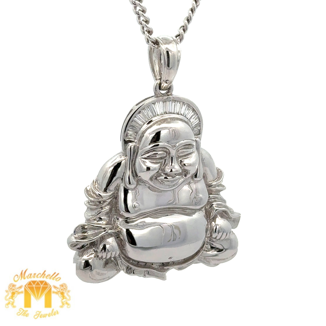 18k White Gold and Diamond Buddha Pendant and 14k White Gold Cuban Link Chain