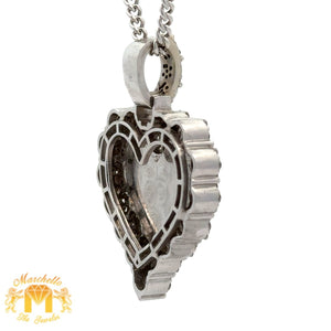 14k White Gold & Diamond Heart Shaped Picture Pendant and White Gold Cuban Link Chain