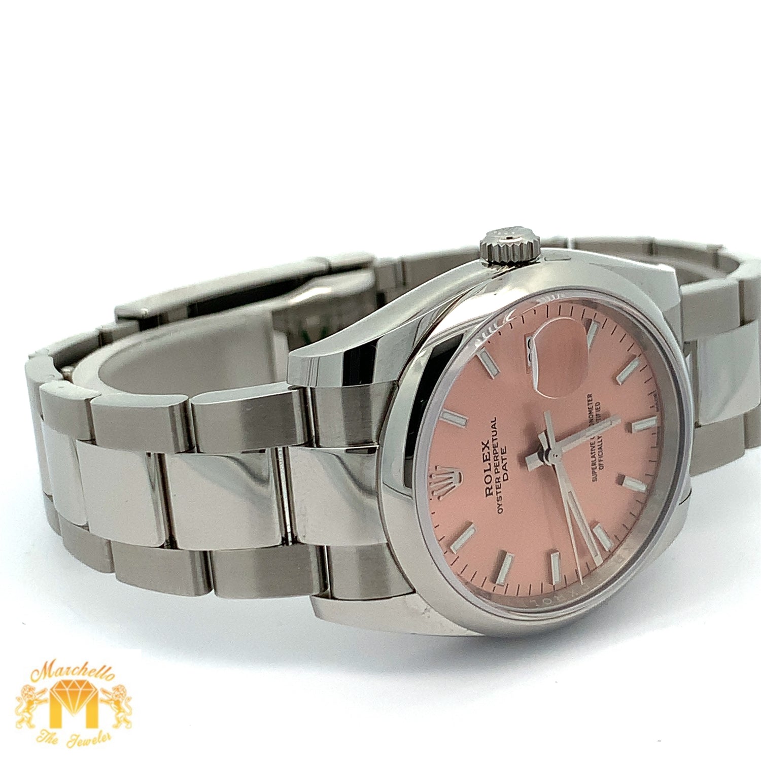 34mm Rolex Watch with Stainless Steel Oyster Bracelet (smooth bezel, salmon dial)