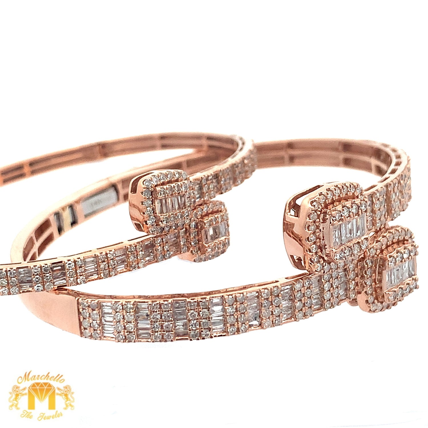 6 piece deal: Rose Gold and Diamond Twin Square Cuff Bracelets His & Hers + 2 free pair of gold & diamond earrings + 2 gifts from Marchello the Jeweler