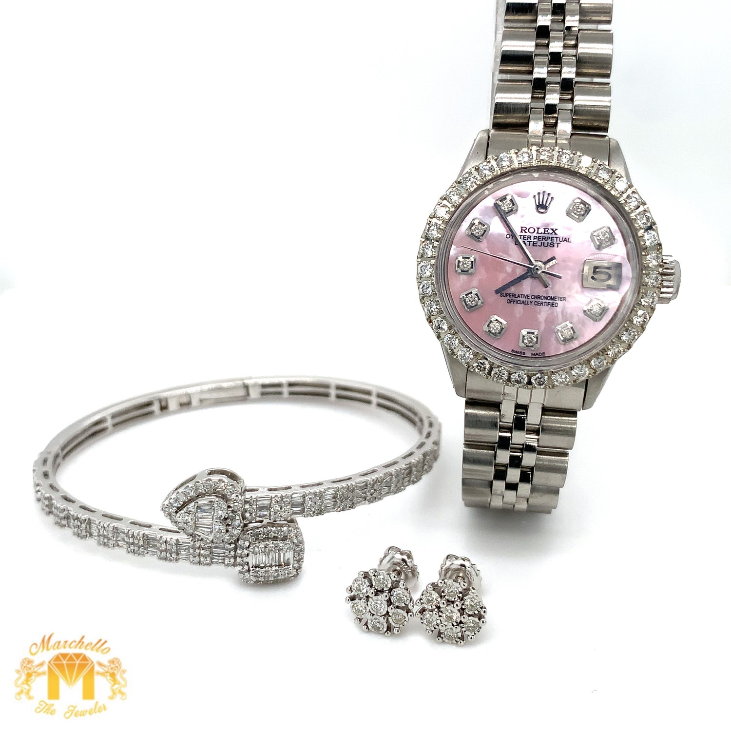 4 piece deal: Ladies`26mm Rolex Diamond Watch + Heart shaped bangle with Baguettes and Round Diamonds + Diamond earrings Set+ Gift from Marchello the Jeweler