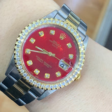 Load image into Gallery viewer, 34mm Rolex Diamond Watch with Two-Tone Oyster Bracelet (diamond red mother of pearl dial, diamond bezel)