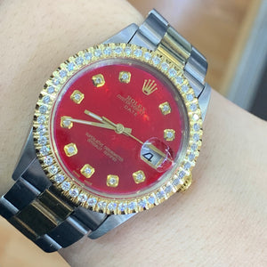 34mm Rolex Diamond Watch with Two-Tone Oyster Bracelet (diamond red mother of pearl dial, diamond bezel)