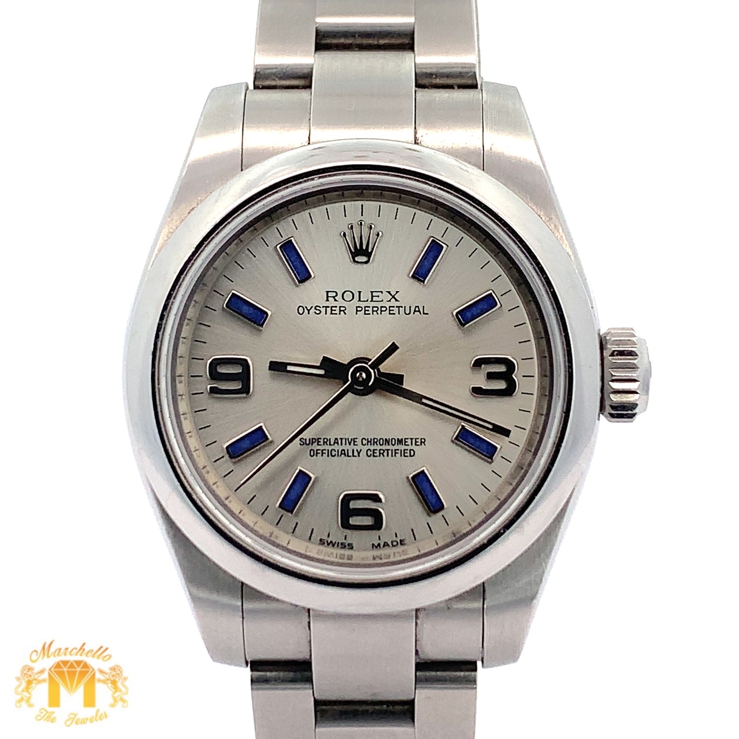 26mm Ladies`Rolex Watch with Stainless Steel Oyster Bracelet(silver dial with blue hour markers)
