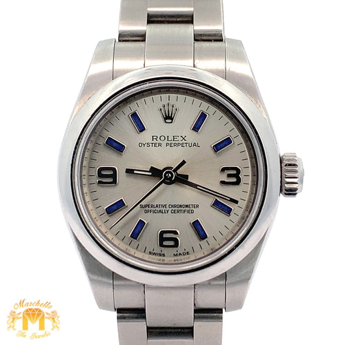 26mm Ladies`Rolex Watch with Stainless Steel Oyster Bracelet(silver dial with blue hour markers)