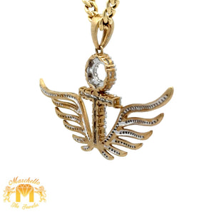 14k Gold and Diamond Ankh Pendant with Round Diamonds and Gold Cuban Link Chain Set