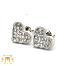 Load image into Gallery viewer, 18k White Gold and Diamond Heart Earrings with Princess Cut Diamonds
