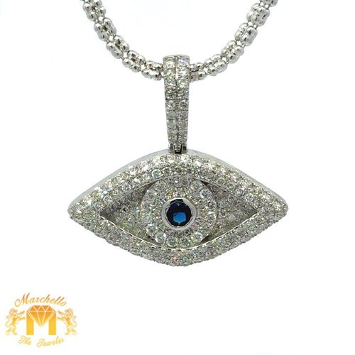 14k White Gold and Diamond Evil Eye Pendant and 2mm Ice Link Chain Set