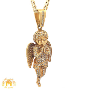 Yellow Gold and Diamond Angel Pendant with Round Diamonds and Yellow Gold Cuban Link Chain Set