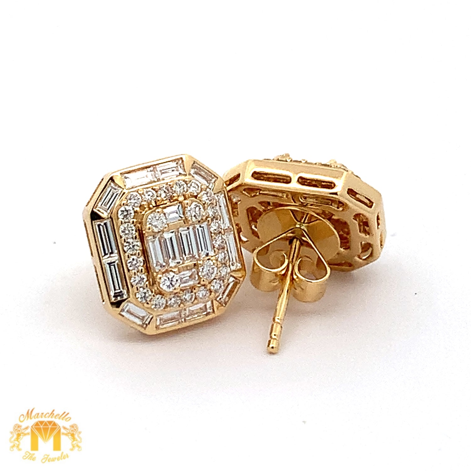 VVS/vs high clarity diamonds set in a 18k gold Rectangle Shaped Earrings with Baguettes and Round Diamond (choose your color)