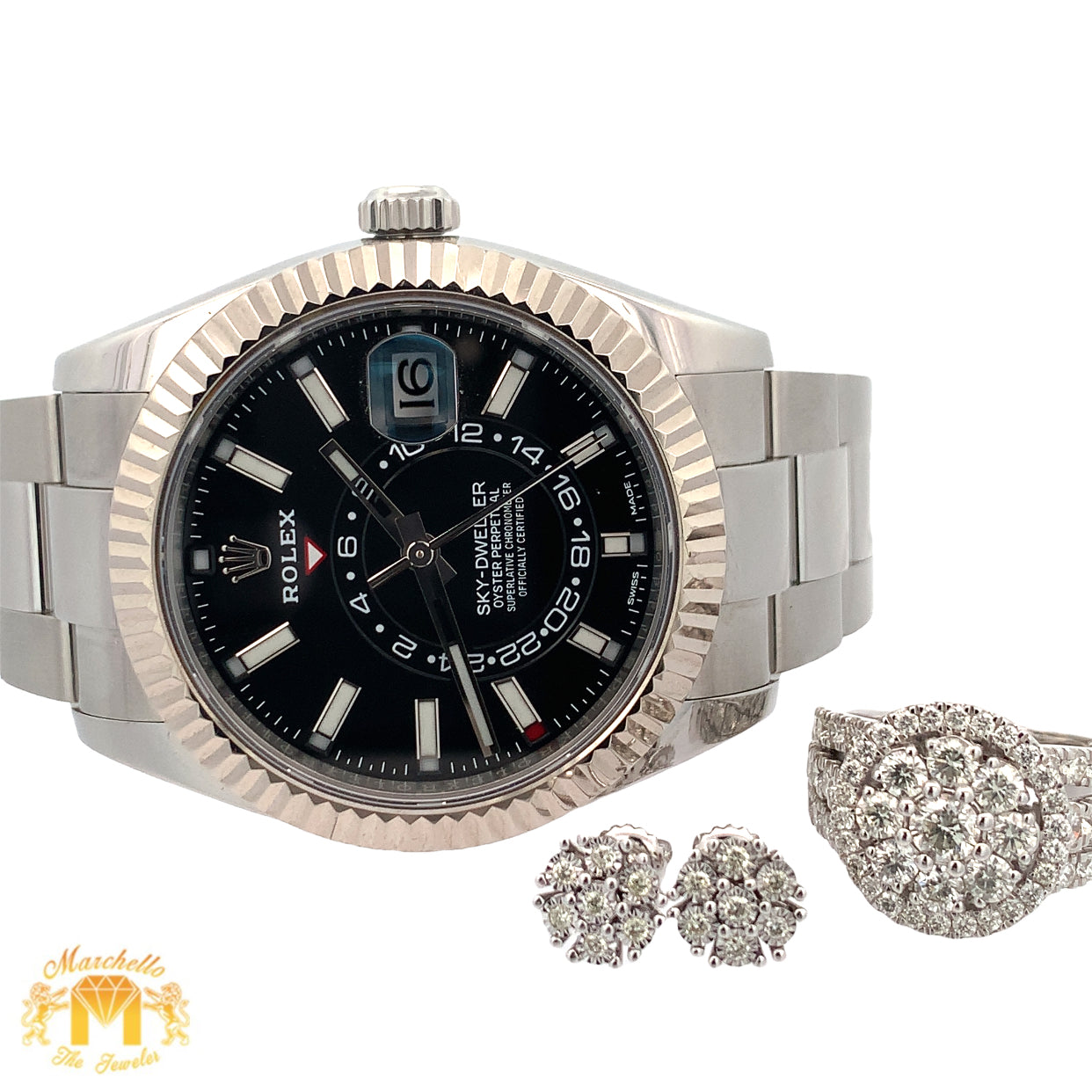 4 piece deal: Full Factory 42mm Rolex Sky-Dweller Watch with Stainless Steel Oyster Band + 3ct Diamond & White Gold Ring + White Gold & Diamond Flower Earrings + Gift