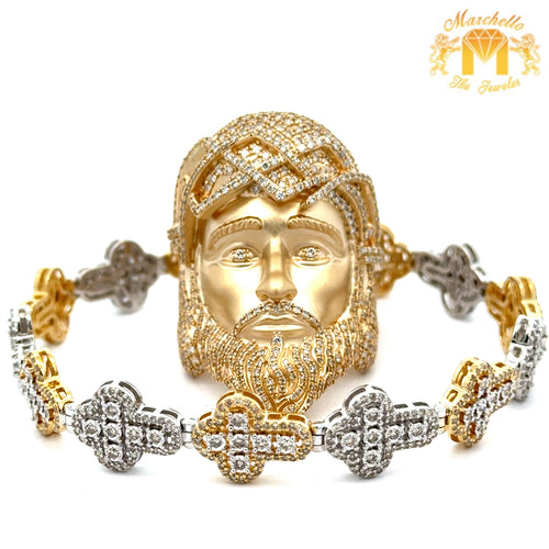 6ct diamonds 14k Yellow Gold Jesus Head Ring and Two-Tone Gold: Yellow & White Gold and Diamond Cross Bracelet Set