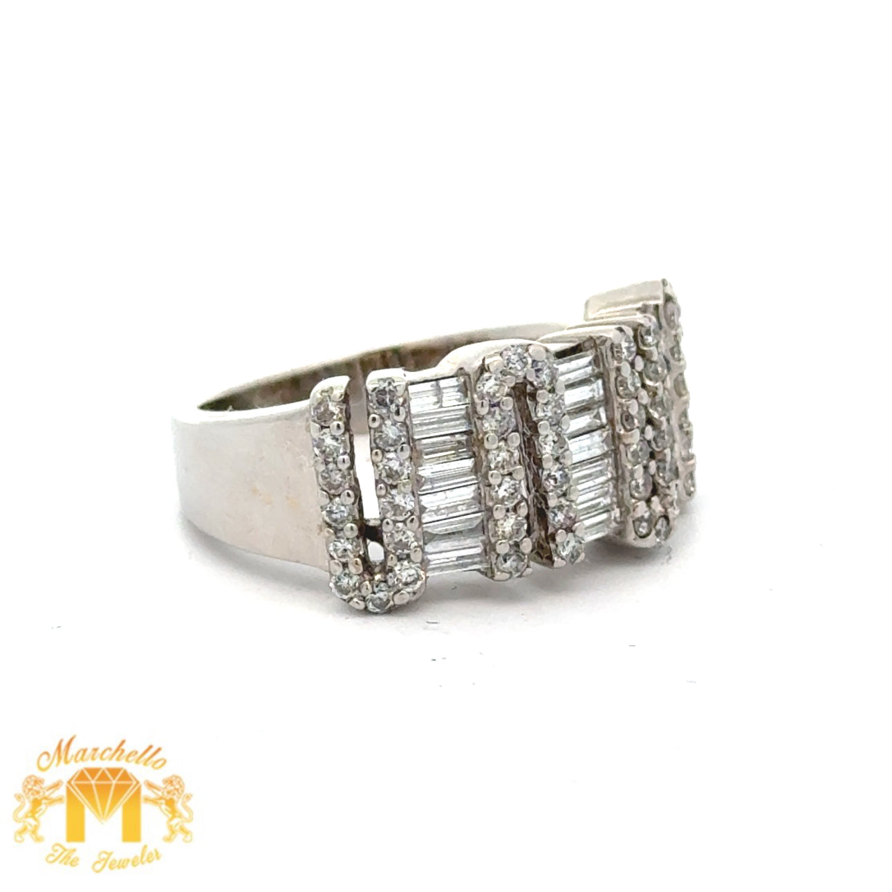 14k White Gold and Diamond Ring with Baguette and Round Diamonds