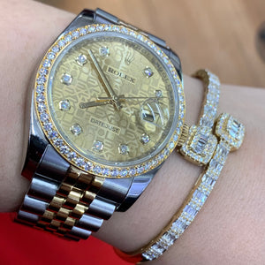 4 piece deal: Full factory 36mm Rolex Watch with Two-Tone Jubilee Bracelet + Yellow Gold & Diamond Twin Square Bangle + Diamond and Gold Flower Earrings Set+ Gift from Marchello the Jeweler