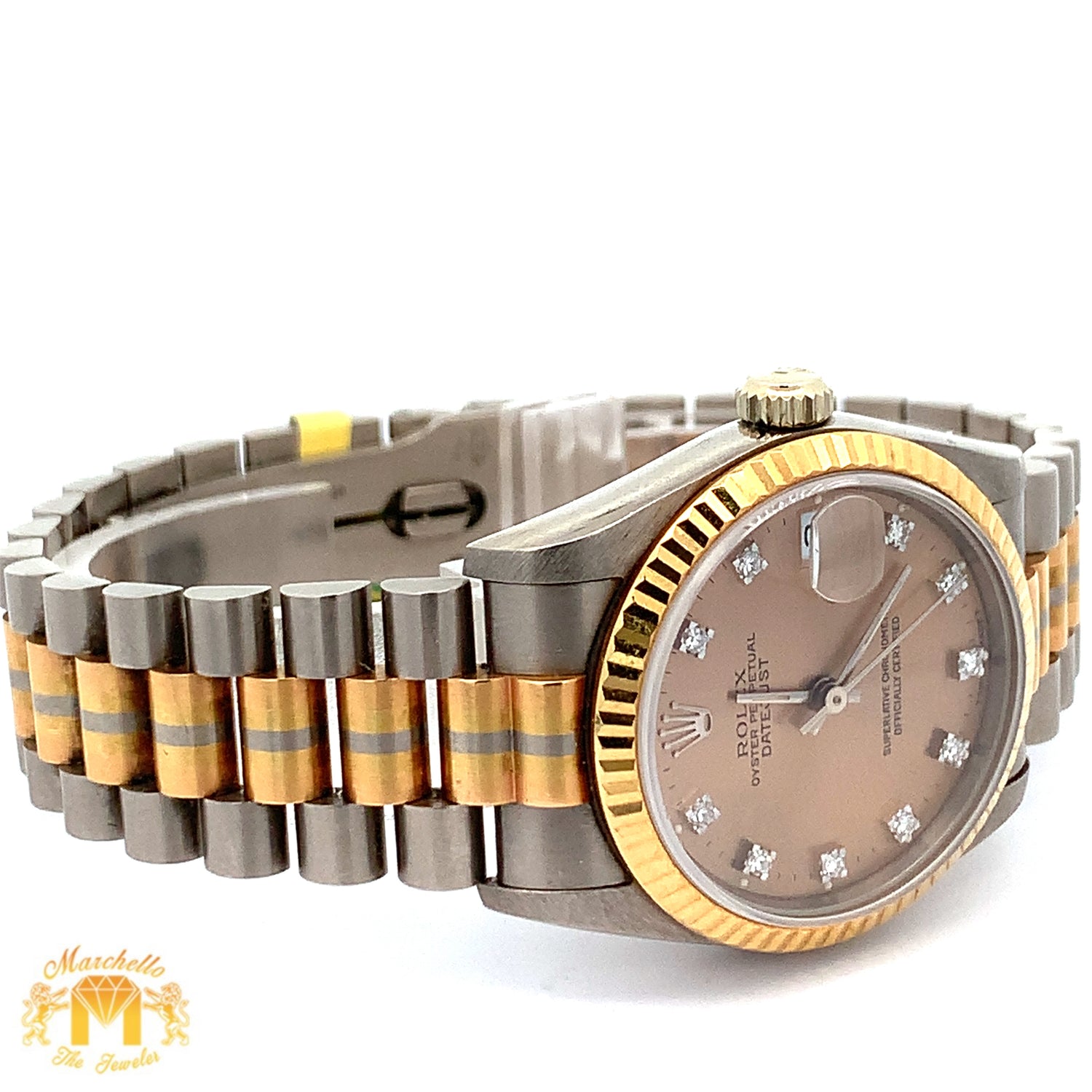Full Factory 31mm 18k Tri-color Rolex Diamond Watch (champagne dial with diamonds)