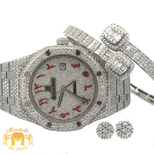 Load image into Gallery viewer, 4 piece deal: 41mm Iced out Audemars Piguet AP Watch + White Gold and Diamond Twin Square Bracelet + White Gold and Diamond Flower Earrings + Gift from Marchello the Jeweler
