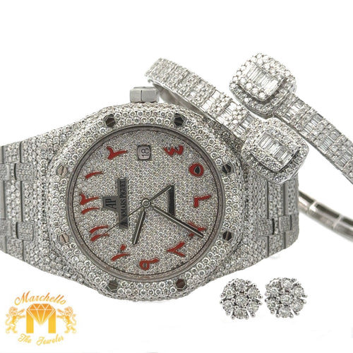 4 piece deal: 41mm Iced out Audemars Piguet AP Watch + White Gold and Diamond Twin Square Bracelet + White Gold and Diamond Flower Earrings + Gift from Marchello the Jeweler