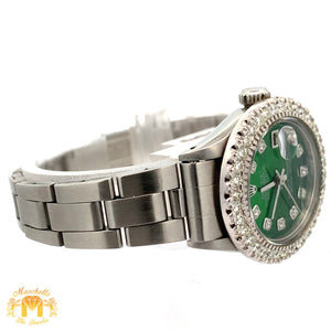 26mm Ladies` Rolex Watch with Stainless Steel Oyster Bracelet (diamond bezel, diamond green mother of pearl (MOP)dial)