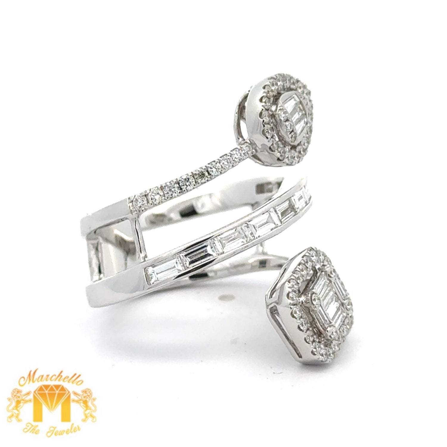 VVS/vs high clarity of diamonds set in a 18k White Gold Ladies` Pear and Square Shaped Ring with Baguette and Round Diamonds