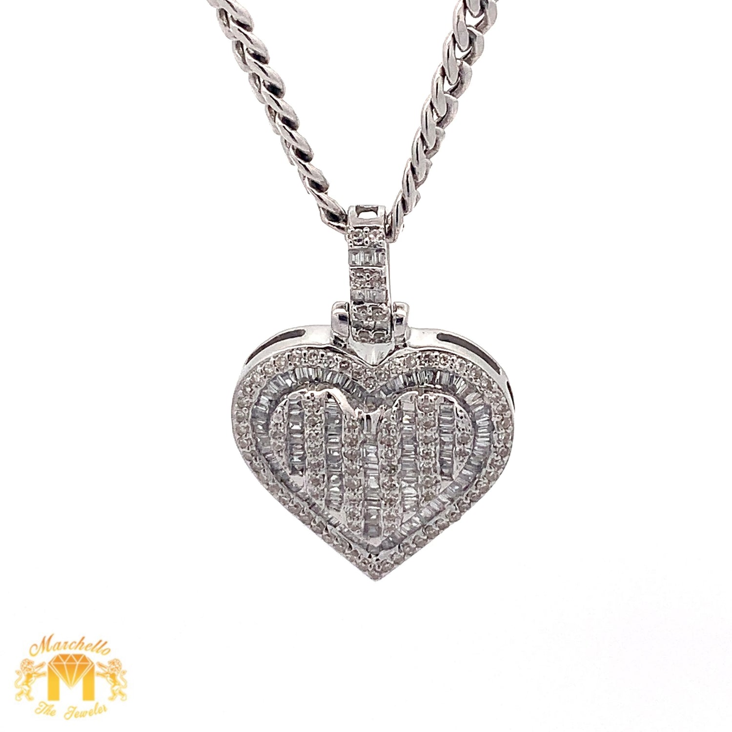 Gold and Baguette&Round Diamond Heart Shaped Pendant and Gold Cuban Link Chain (choose your color))