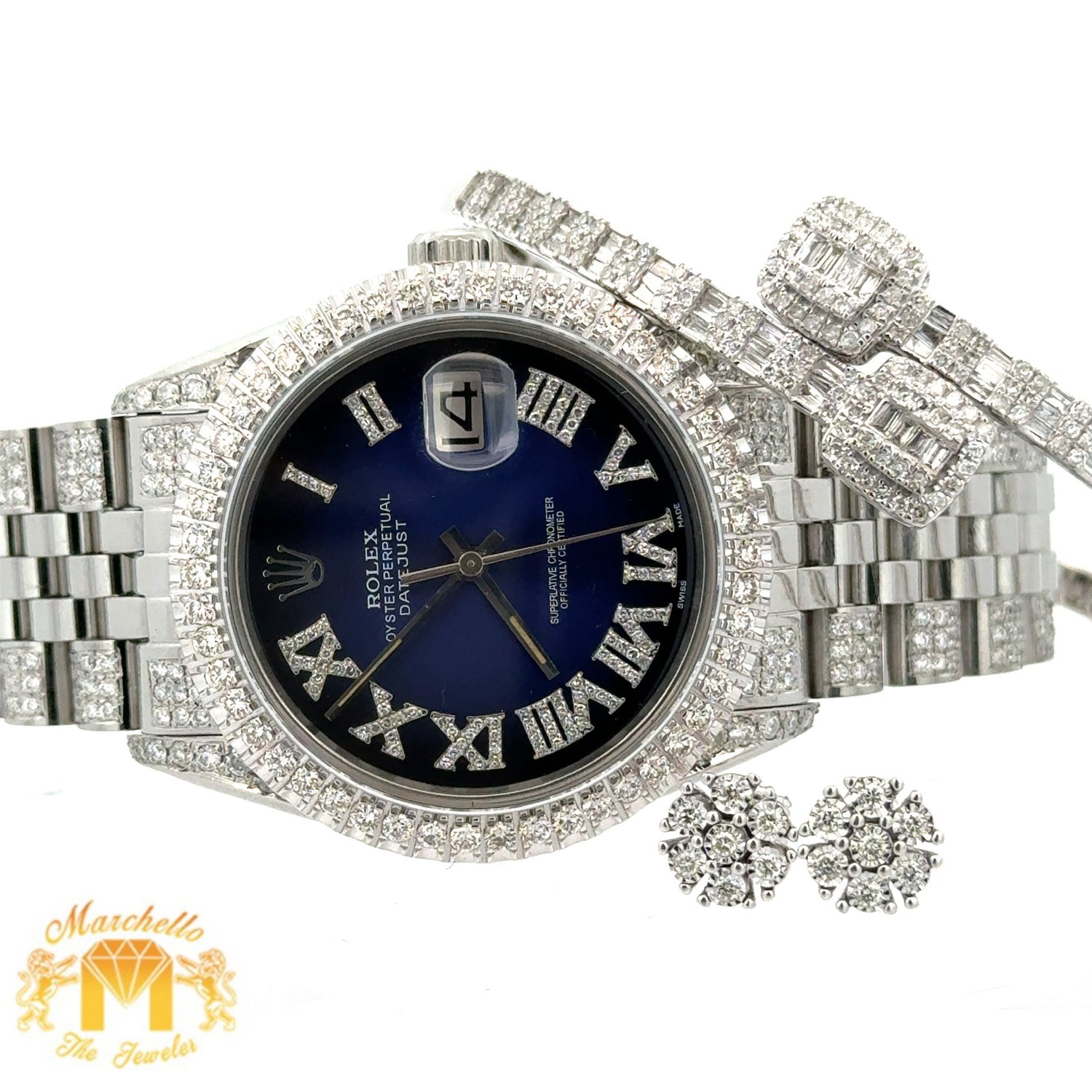 4 piece deal: 36mm Rolex Diamond Watch with Stainless Steel Jubilee Band + White Gold & Diamond Twin Square Bangle + Gold & Diamond Flower Earrings + Gift (choose your color)