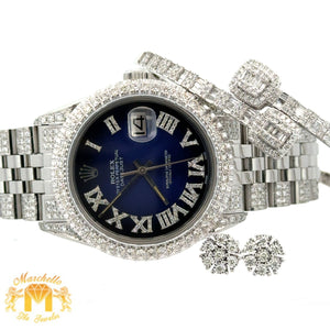 4 piece deal: 36mm Rolex Diamond Watch with Stainless Steel Jubilee Band + White Gold & Diamond Twin Square Bangle + Gold & Diamond Flower Earrings + Gift (choose your color)