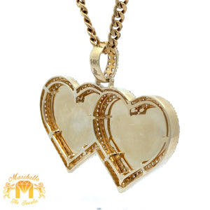 14k Gold and Diamond Twin Heart Picture Pendant and Gold Cuban Link Chain Set (choose your color)