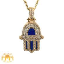 Load image into Gallery viewer, 14k Yellow Gold Blue Enamel and Diamond Hamsa Pendant and Yellow Gold Cuban Link Chain