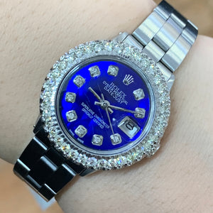 26mm Ladies` Rolex Watch with Stainless Steel Oyster Bracelet (Blue mother of pearl diamond dial, diamond bezel)