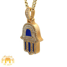 Load image into Gallery viewer, 14k Yellow Gold Blue Enamel and Diamond Hamsa Pendant and Yellow Gold Cuban Link Chain