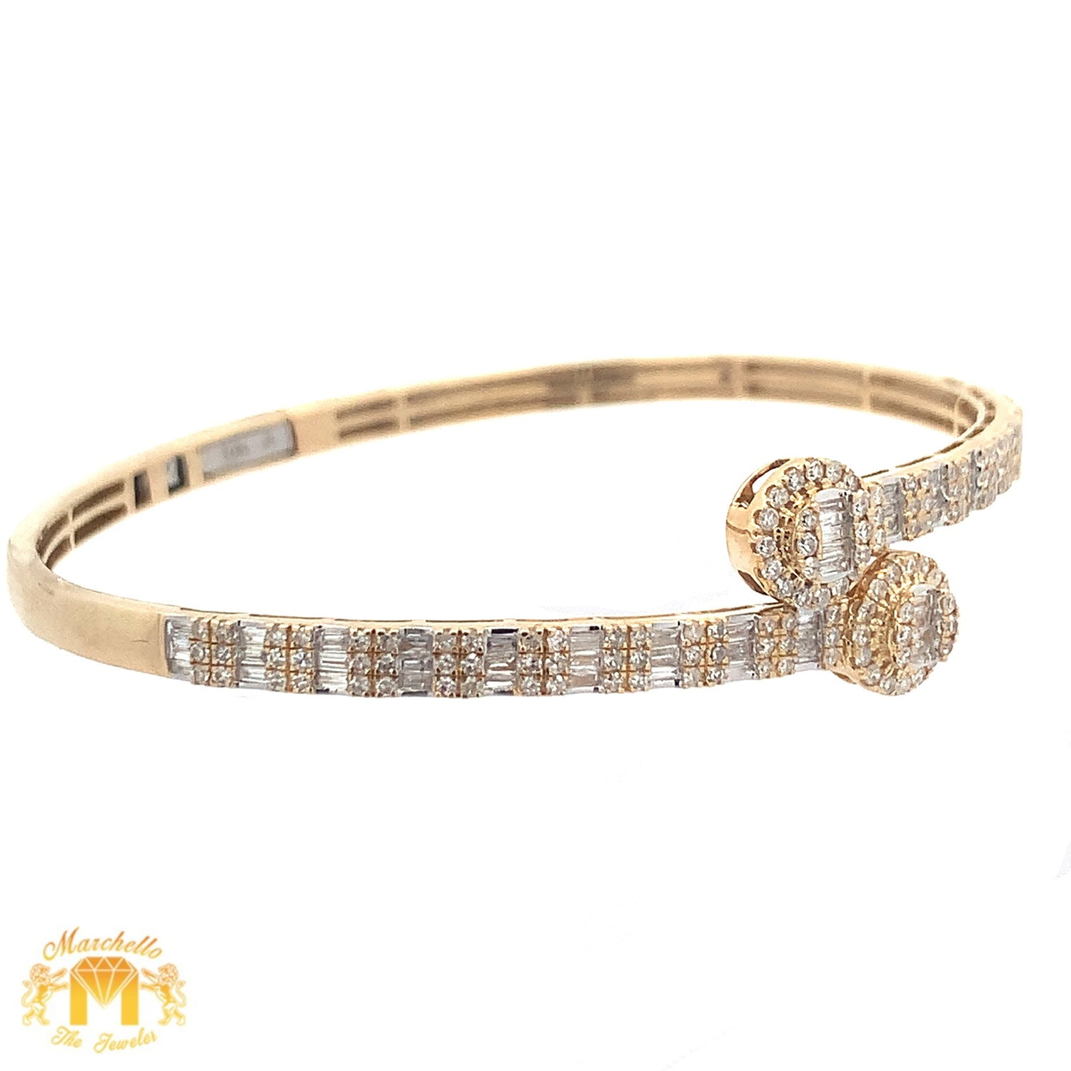Yellow Gold and Diamond Twin Round Bangle Bracelet with Round and Baguette diamonds