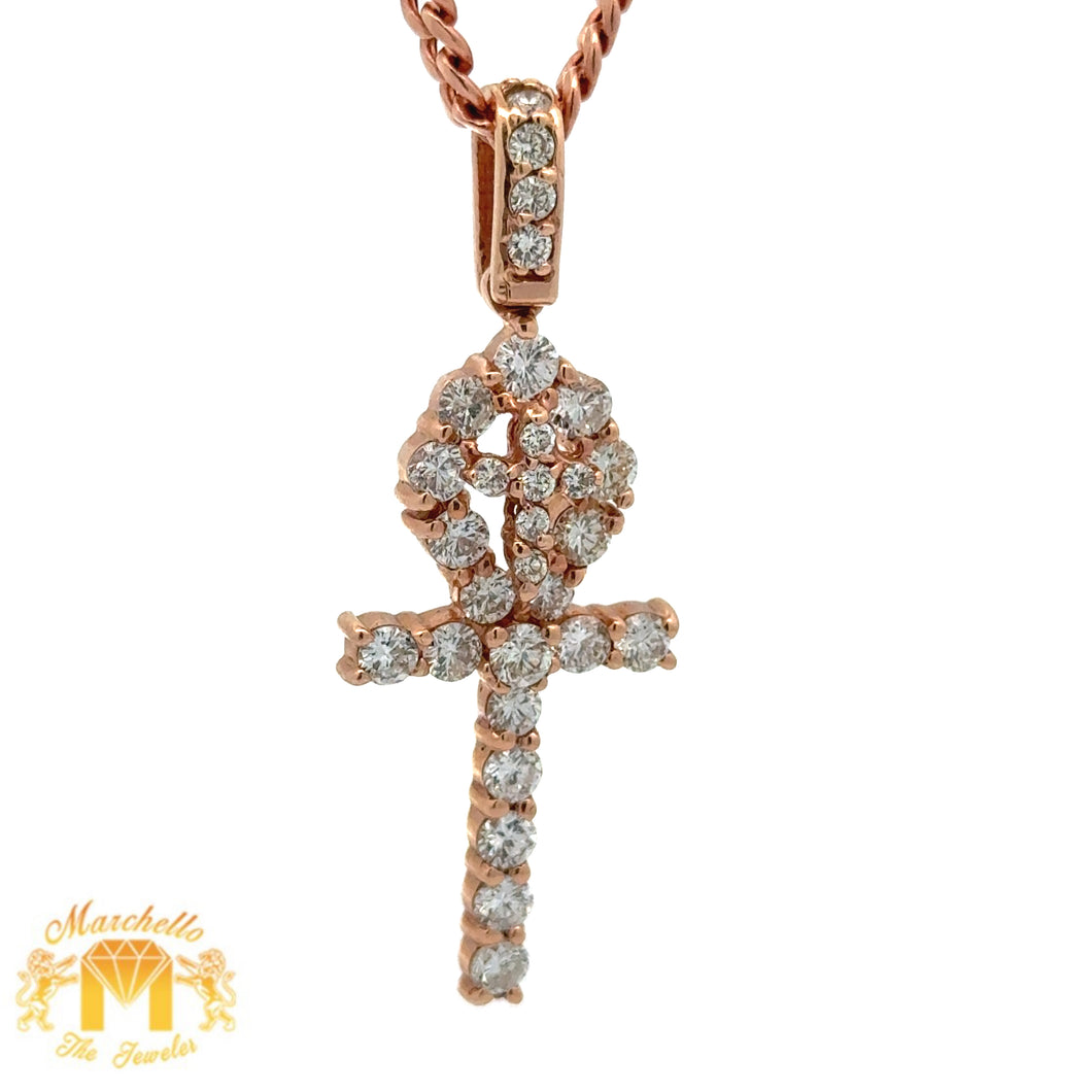 14k Gold and Diamond Ankh Pendant with Round Diamonds and Gold Cuban Link Chain (choose your color)