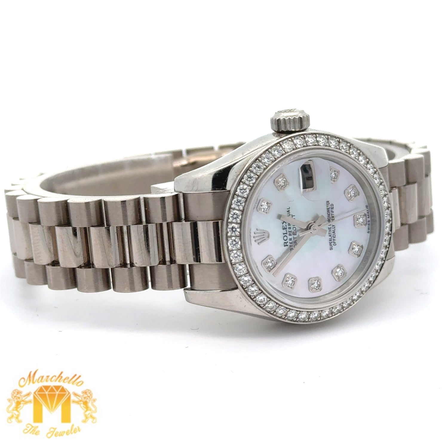 26mm Rolex Datejust Platinum Diamond Watch (Mother of pearl (MOP) diamond dial, diamond bezel) (Rolex papers)