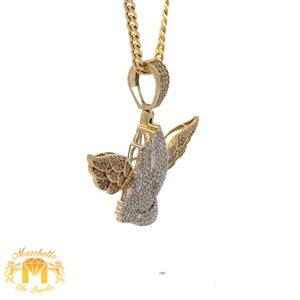 Yellow Gold and Diamond Praying Hand with Wings Pendant and Yellow Gold Cuban Chain