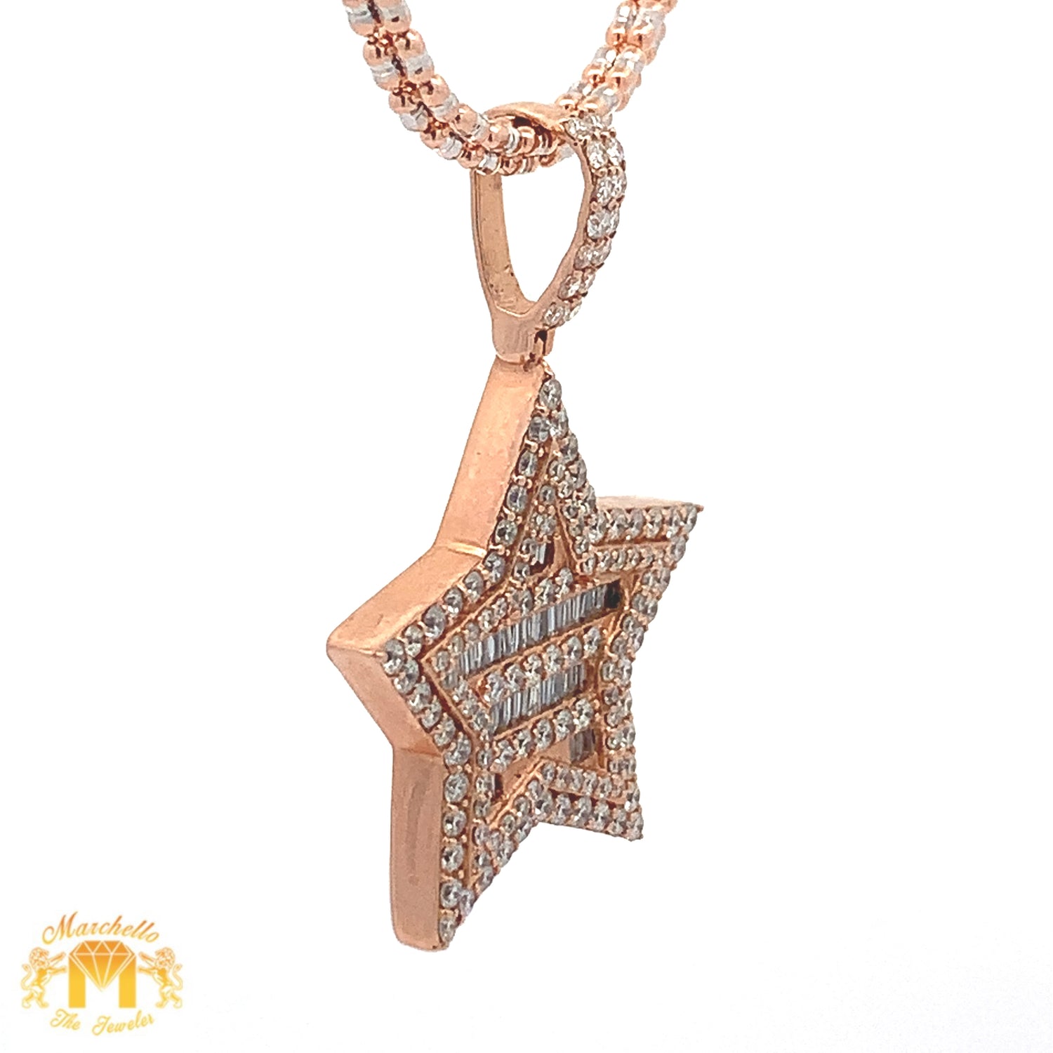 14k Gold and Diamond Star Pendant with Round and Baguette diamonds and 2mm Ice Link Chain Set (choose your color)